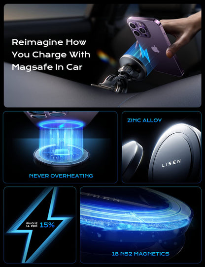 LISEN for Magsafe Car Mount Charger [15W Top Charge] Magnetic Car Phone Holder for iPhone 17 Pro Max Wireless Charger Magsafe Phone Holder For iPhone 17 Pro Max Air 16 15 14 13 12 Magsafe Accessories