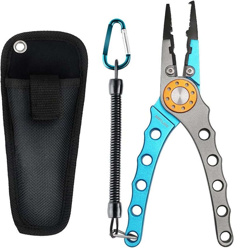 Fishing Pliers - 7-Inch Aluminum Braid Cutters | Corrosion Resistant Hook Remover & Split Ring Tool with Sheath and Lanyard