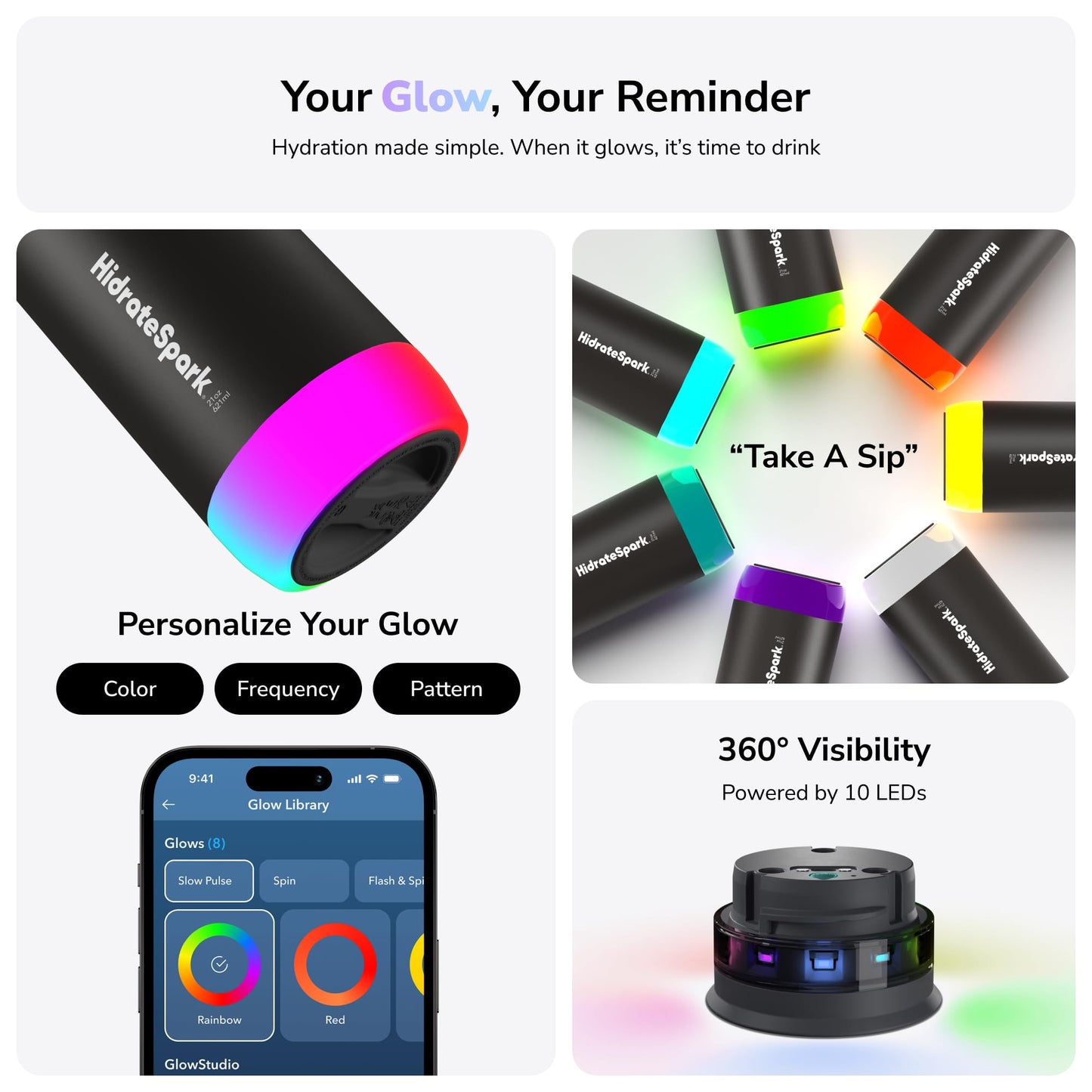 Hidrate Spark PRO Smart Water Bottle 21oz Brushed Steel | Tracks Water Intake, Bluetooth, LED Glow Reminder, When You Need to Drink, Chug Lid