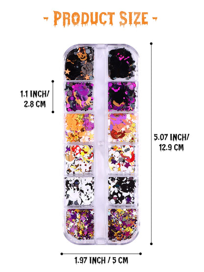 EBANKU 3 Boxes Halloween Nail Art Glitter Sequins, 3D Holographic Skull Spider Pumpkin Bat Ghost Witch Halloween Confetti Glitter for DIY Nail Art Halloween Party, Multicolor
