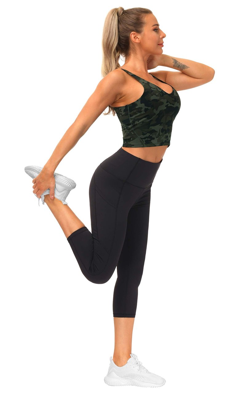 Women’s Longline Sports Bra Wirefree Padded Medium Support Yoga Bras Gym Running Workout Tank Tops Green Camo