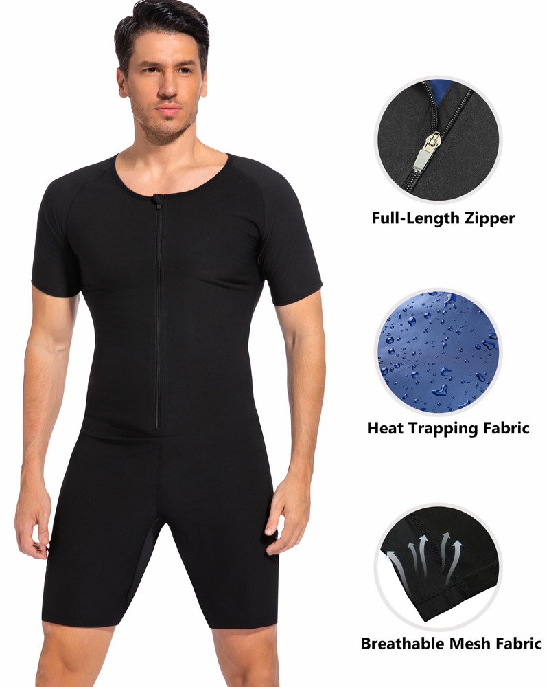 FUXERT Sauna Suit for Men 3 in 1 Slimming Full Body Sauna Jumpsuit Mens Waist Trainer for Workout(BK L)