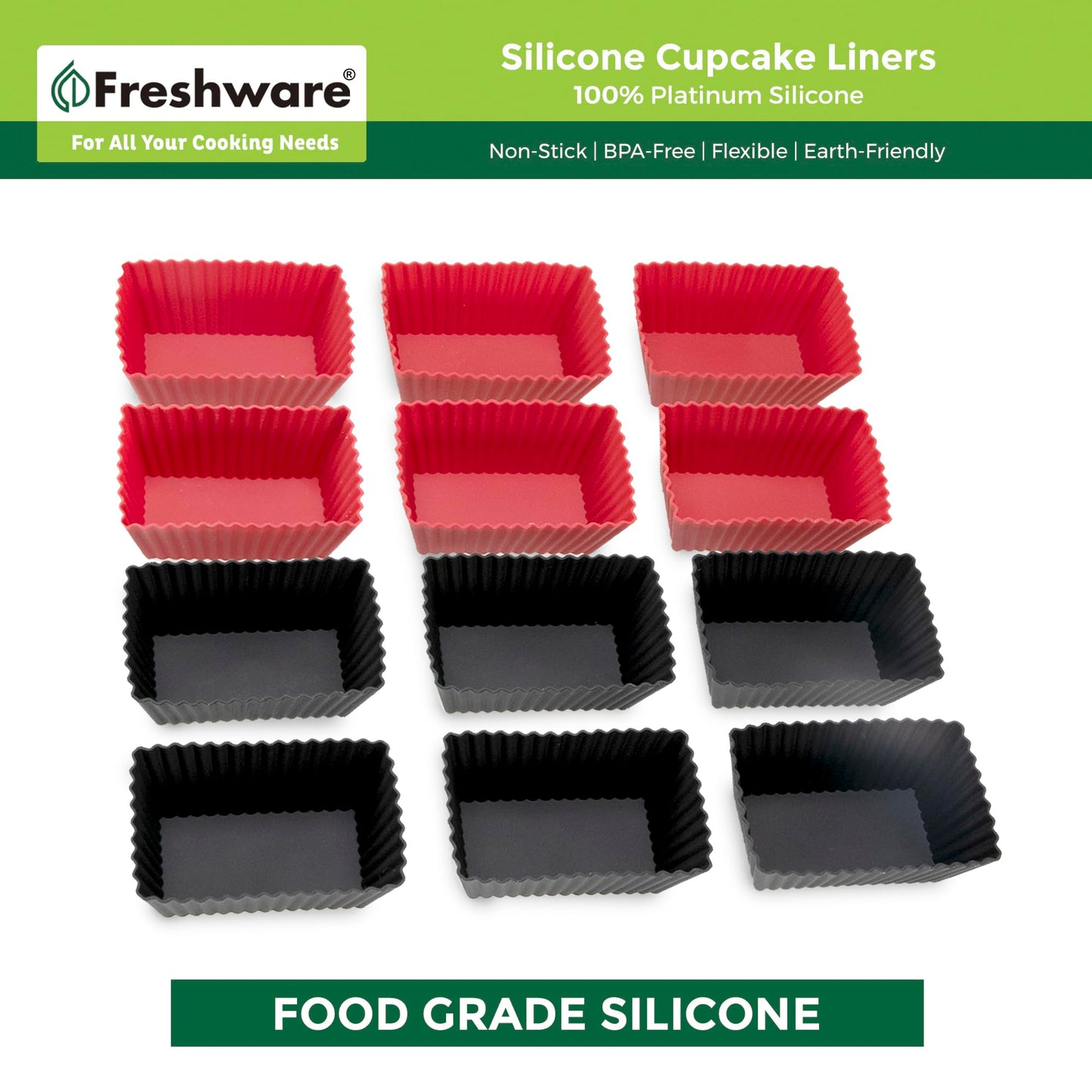 Freshware Cupcake Liners, Pack of 12 Silicone Muffin Cups, 2.8 Inch Baking Cups, Reusable & Non-stick Cupcake Liners for Party Halloween Christmas, Rectangular