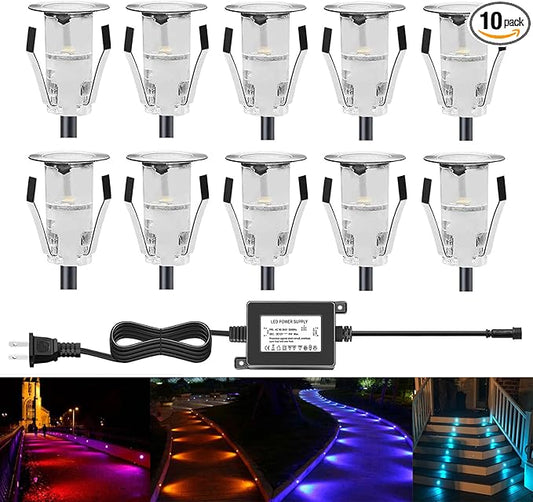 LED Deck Lights Multi-Color RGB Waterproof Recessed Wood Decking 0.7" Tiny Deck Driveway Light Dock Path Step Road Light Outdoor and Indoor Decoration Security Lighting (RGB, 10pcs)