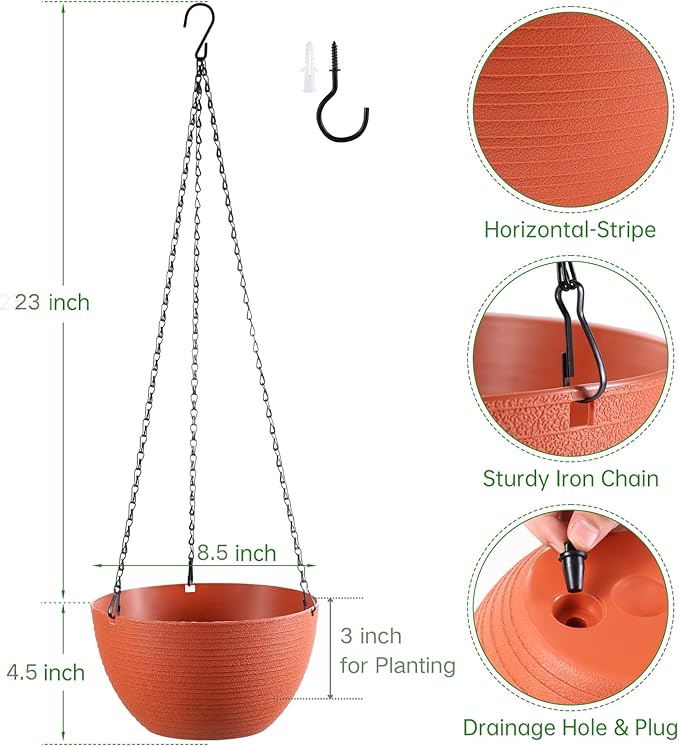 Set of 2 8 Inch Self Watering Hanging Planters for Indoor Outdoor Plants, Light Textured Hanging Baskets Flower Pots with Drainage Hole & Plug and 20" Chain Hanger