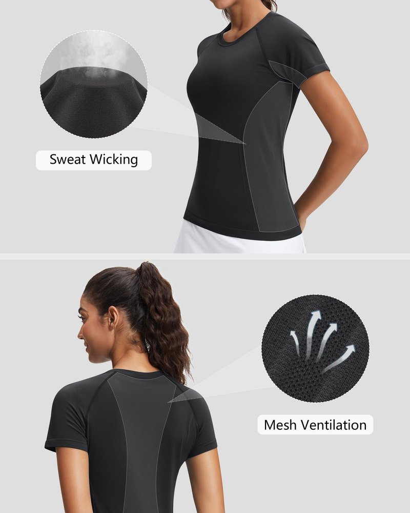 Stelle Women Seamless Workout Shirts Short Sleeve Athletic Top Yoga Gym Running T-Shirts(Black,M)