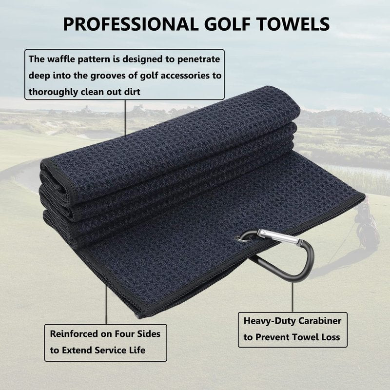 LUSTEMBER 3 Pack Large Golf Towels, 16" x 24" Tri-Fold Portable Microfiber Fabric Waffle Pattern Golf Towel for Golf Bag with Carabiner Clip to Quickly Remove Sand, Mud, Dirt and Sweat