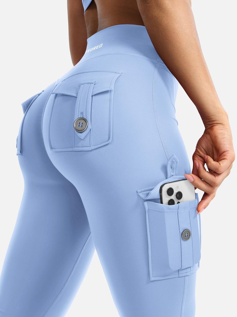 YEOREO CoreFlex Women Workout Flare Leggings with Pockets Scrunch Cargo Gym Yoga Leggings Light Blue M