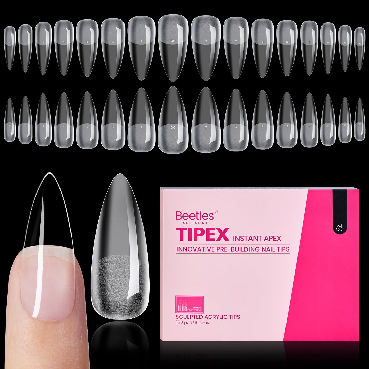 Beetles Tipex Instant Apex Nail Tips Halloween Nails, Stiletto Medium, 192pcs 16 Sizes, Pre-Building Pre-Etched Strong Thicker Strong Acrylic Tips