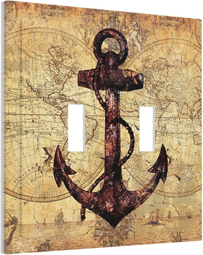 Anchor Nautical Vintage Map 2 Gang Light Switch Plate Cover Double Toggle Wall Plate Decorative Switchplate Electrical Faceplate for Office Livingroom Home Decor