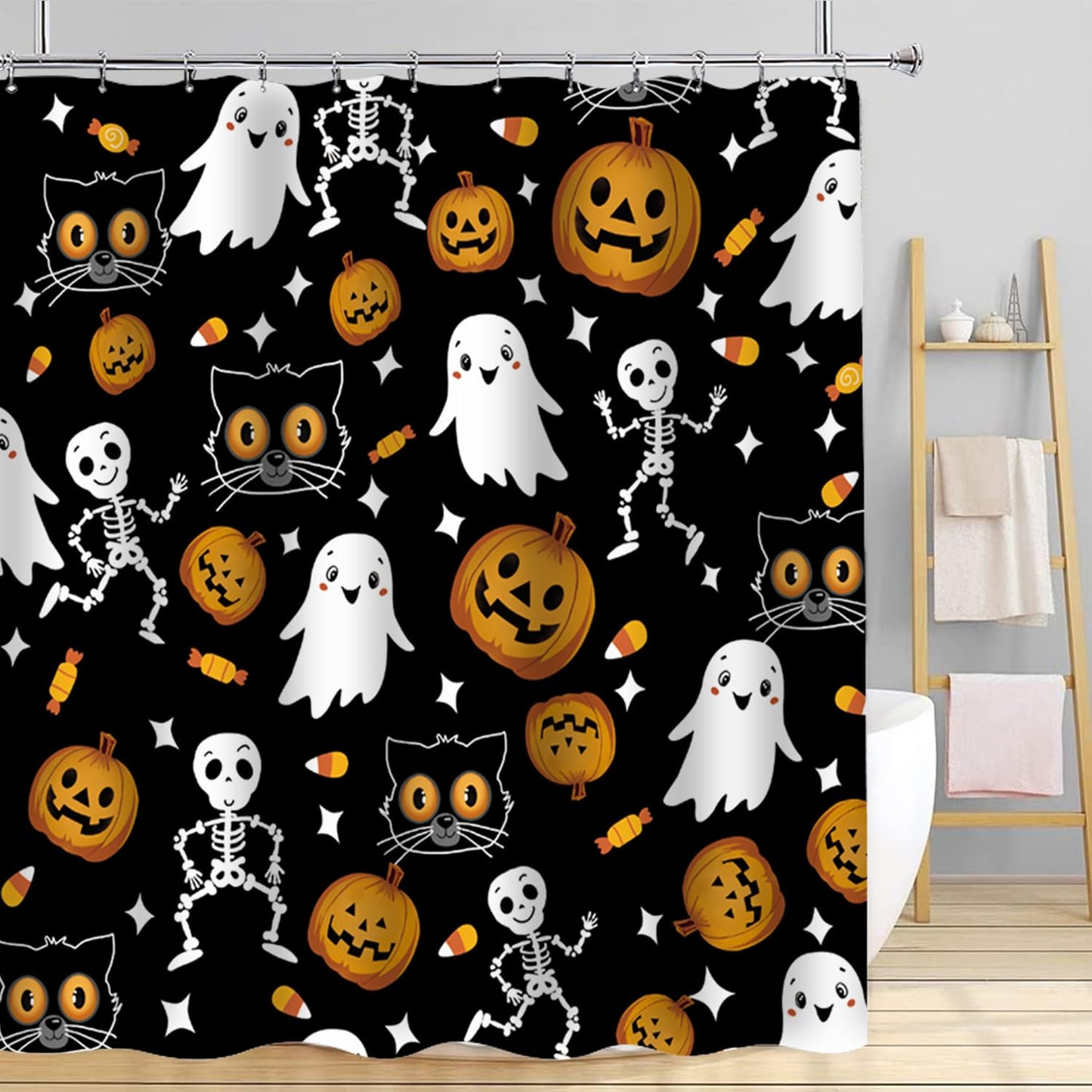 Cnayuep Halloween Shower Curtain, Black Fall Shower Curtains for Bathroom, Horror Skeleton Halloween Curtains Ghost Shower Curtain Set for Bathroom Decor, Waterproof Bathroom Curtain 72"X72"