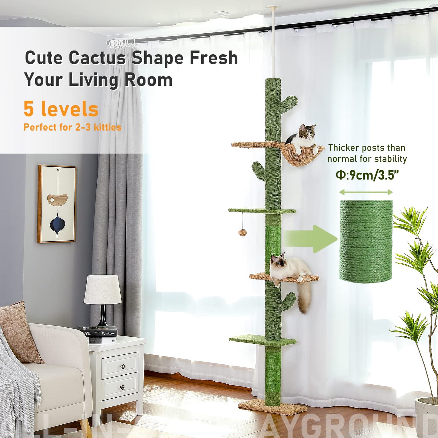 PAWZ Road Cactus Cat Tree Floor to Ceiling Cat Tower with Adjustable Height(239-275cm), 5 Tiers Cat Climbing Activity Center with Cozy Hammock, Platforms and Dangling Balls for Indoor Cats