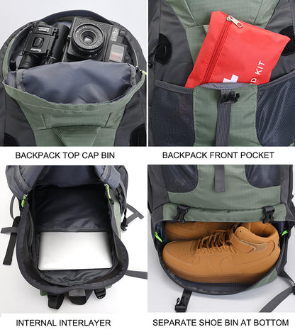 Bseash 50L Hiking Backpack, Water Resistant Lightweight Outdoor Sport Daypack Travel Bag for Camping Climbing Touring (Army Green - With Shoe Compartment)