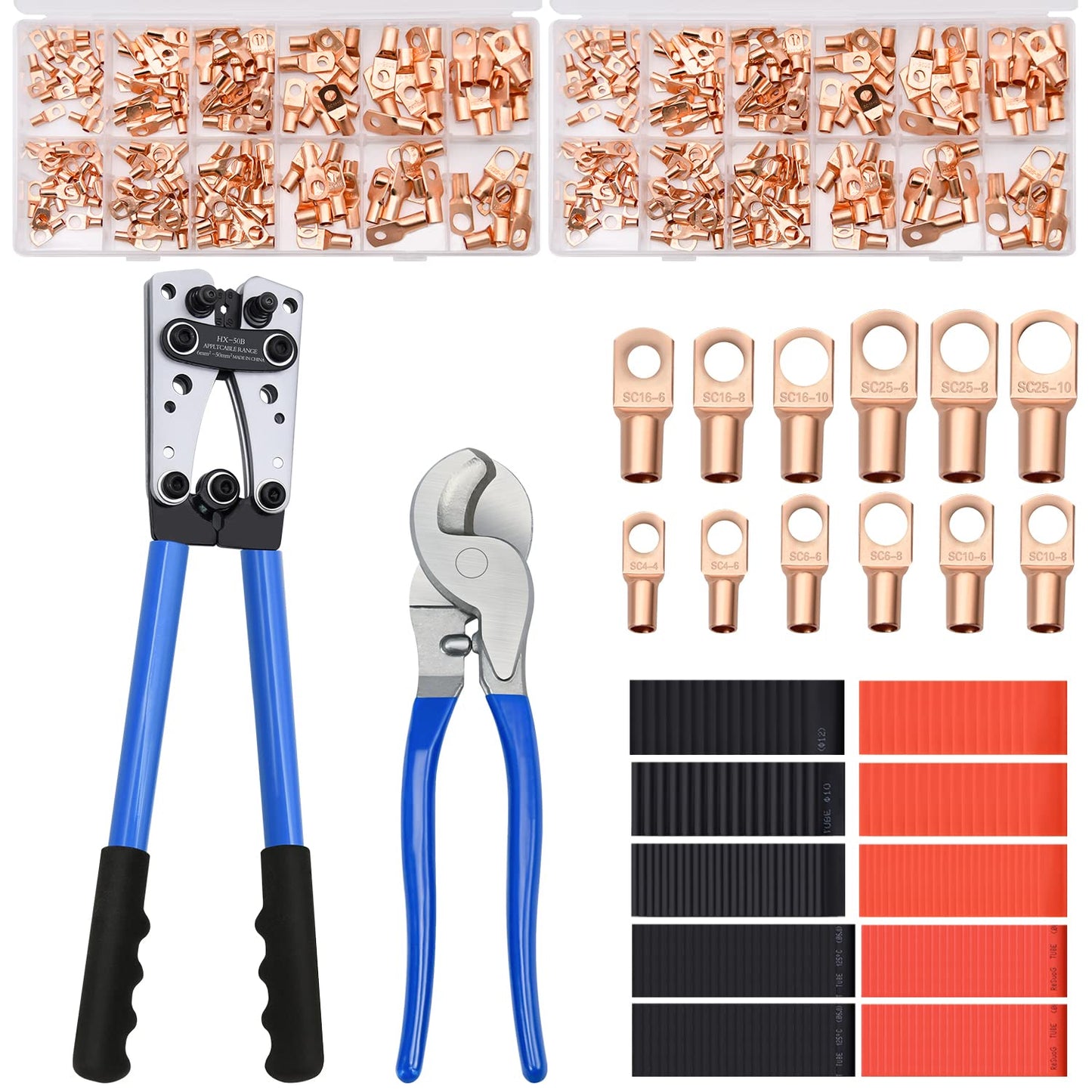 Battery Cable Wire Lug Crimping Tool Kit with 340pcs Copper Wire Lugs, Wire Crimping Tool for AWG 10-1/0 Electrical Lug Crimper, with Cable Cutter, 420pcs Dual Wall Adhesive Heat Shrink Tubing