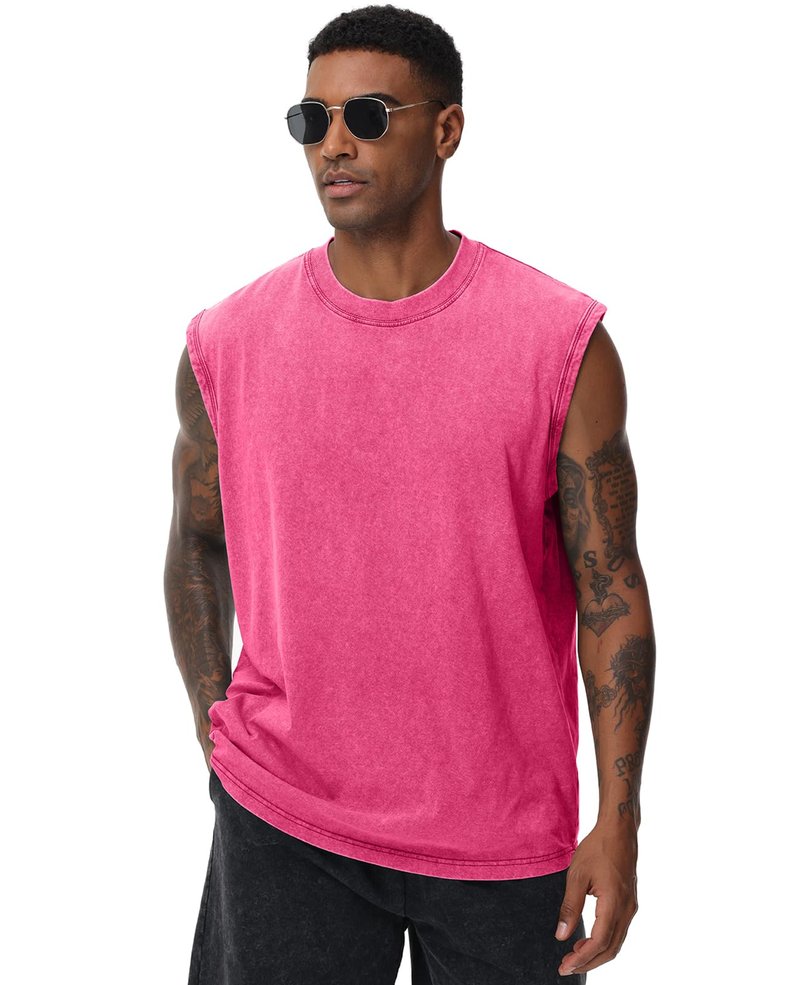 SnowElve Mens Workout Tank Tops Sleeveless Tee Shirts Men Muscle Shirt Gym Acid Wash T Shirts Running Beach Loose Fit Tee(PK,3XL) Pink