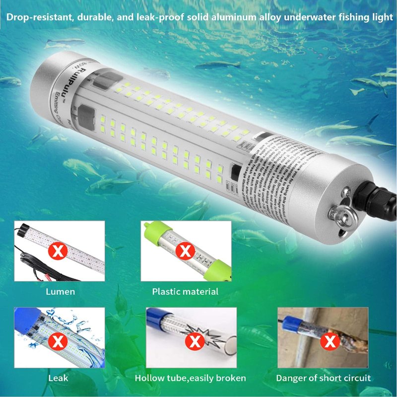 80W 9600lm Underwater Fishing Light, IP68 Waterproof Aluminum Super Bright Night Fish Attracting Submersible LED Lamp Lure Bait Finder for Freshwater Saltwater Sea Kayak Boat Ice Dock (Green)