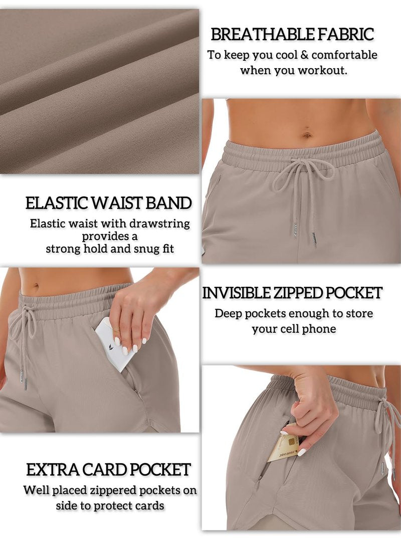 Mancreda Women's Running Shorts with Liner 3 Zipper Pockets Elastic Workout Athletic Gym Yoga Shorts(CA,S) Khaki