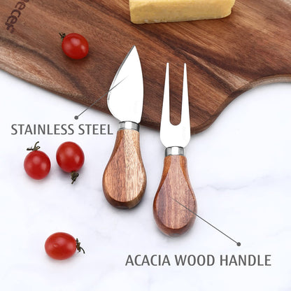 hecef Cheese Board set of 3,a Acacia Wood Cheese Plate, a Knife, a Fork, Charcuterie Board Platter Slate Serving Set(Cheese board with 2 knives)