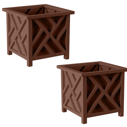 Lattice Design Outdoor Planter Box 2-Pack - 14.75” Square 13” Tall Brown Decorative Plant Pots for Front Porch Decor - Flower Pots Outdoor Planters for Porch Patio or Garden Decor by Pure Garden