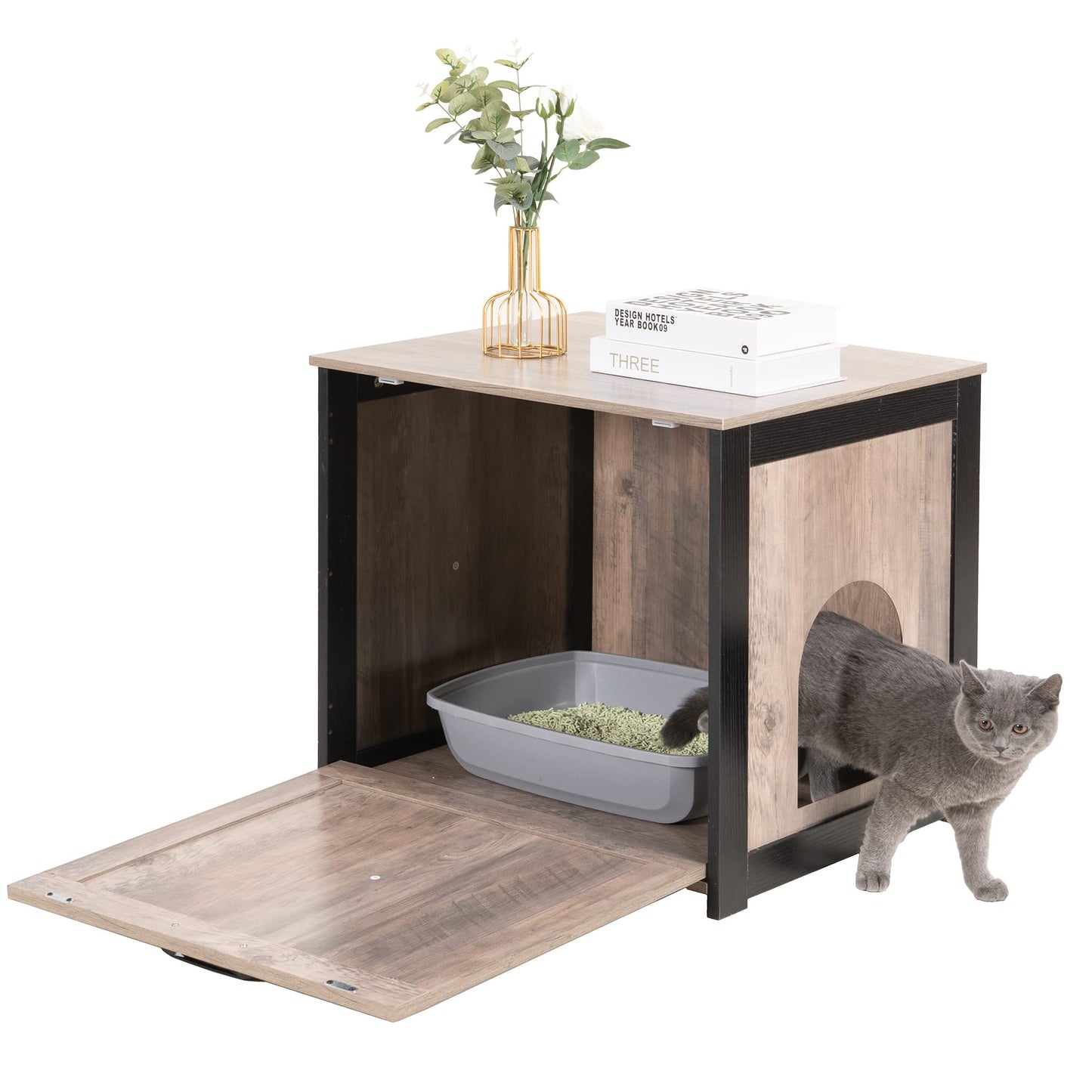 Dwanton Cat Litter Box Furniture Hidden, Cat Litter Box Enclosure, Reversible Entrance Can Be on Left or Right Side, Indoor Cabinet, Wooden Washroom, End Table, Nightstand, Greige, 23.6" L