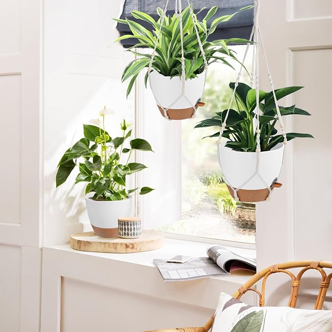 41.5 Inch Macrame Plant Hanger Indoor Outdoor with 12 Inch Flower Pot, Hanging Planter for Plants Holder with Wood Beads for Boho Home Decor (Ivory+White)
