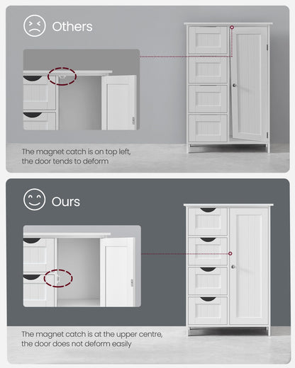 VASAGLE Bathroom Floor Storage Cabinet, Wooden Storage Unit with 4 Drawers, Single Door, Adjustable Shelf, for Living Room, Kitchen, Entryway, White LHC41W