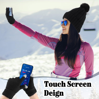 SATINIOR 5 Pcs Winter Satin Lined Hat Scarf Gloves Set Knit Pompom Beanie Warm Touchscreen Glove Earmuff Ear Warmer for Women(Black,Stylish Style)