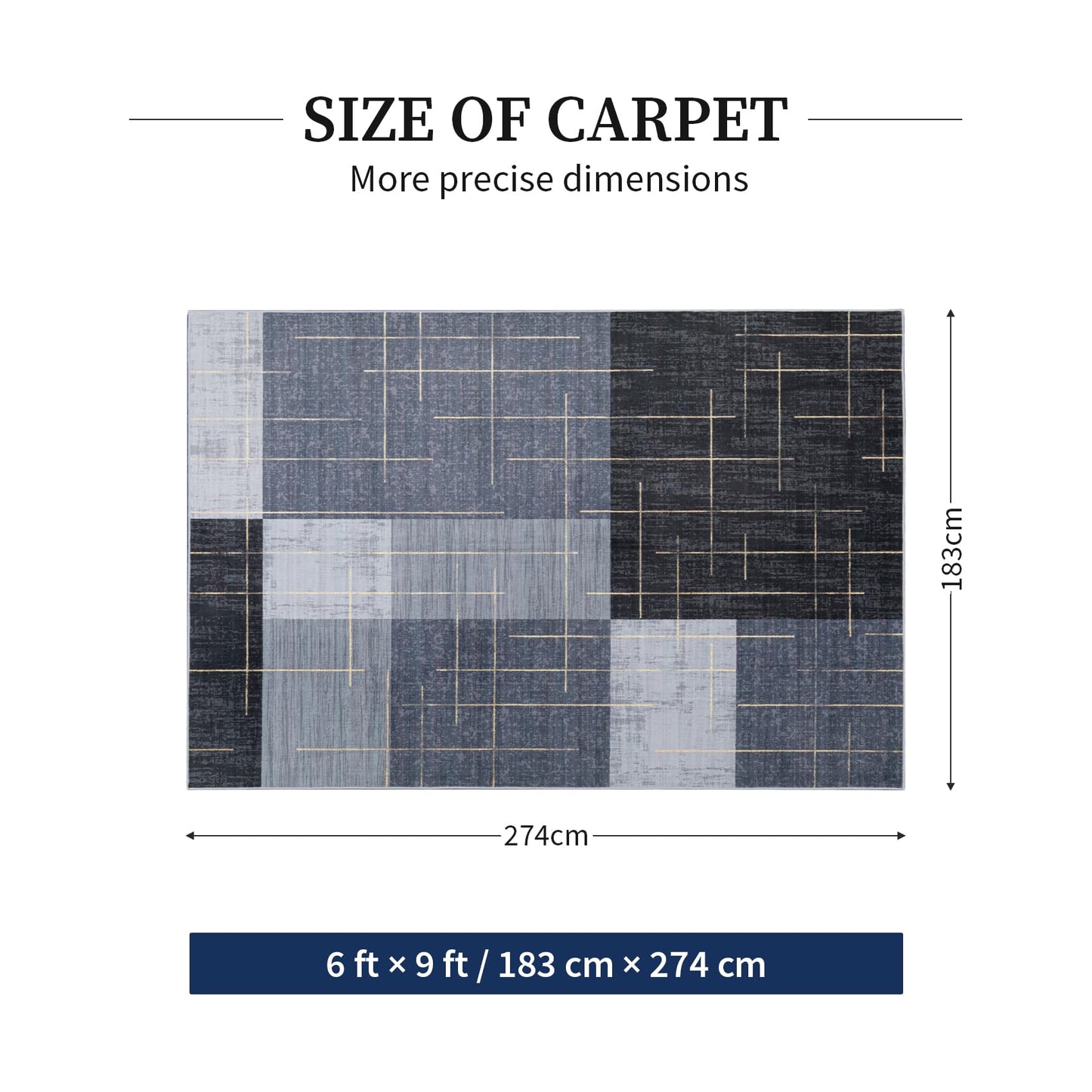 YIHOUSE 6x9 Geometric Checkered Abstract Modern Area Rugs for Living Room,Contemporary Washable Rugs with Gold Striped,Blue and Grey White Carpet for Bedroom Living Room