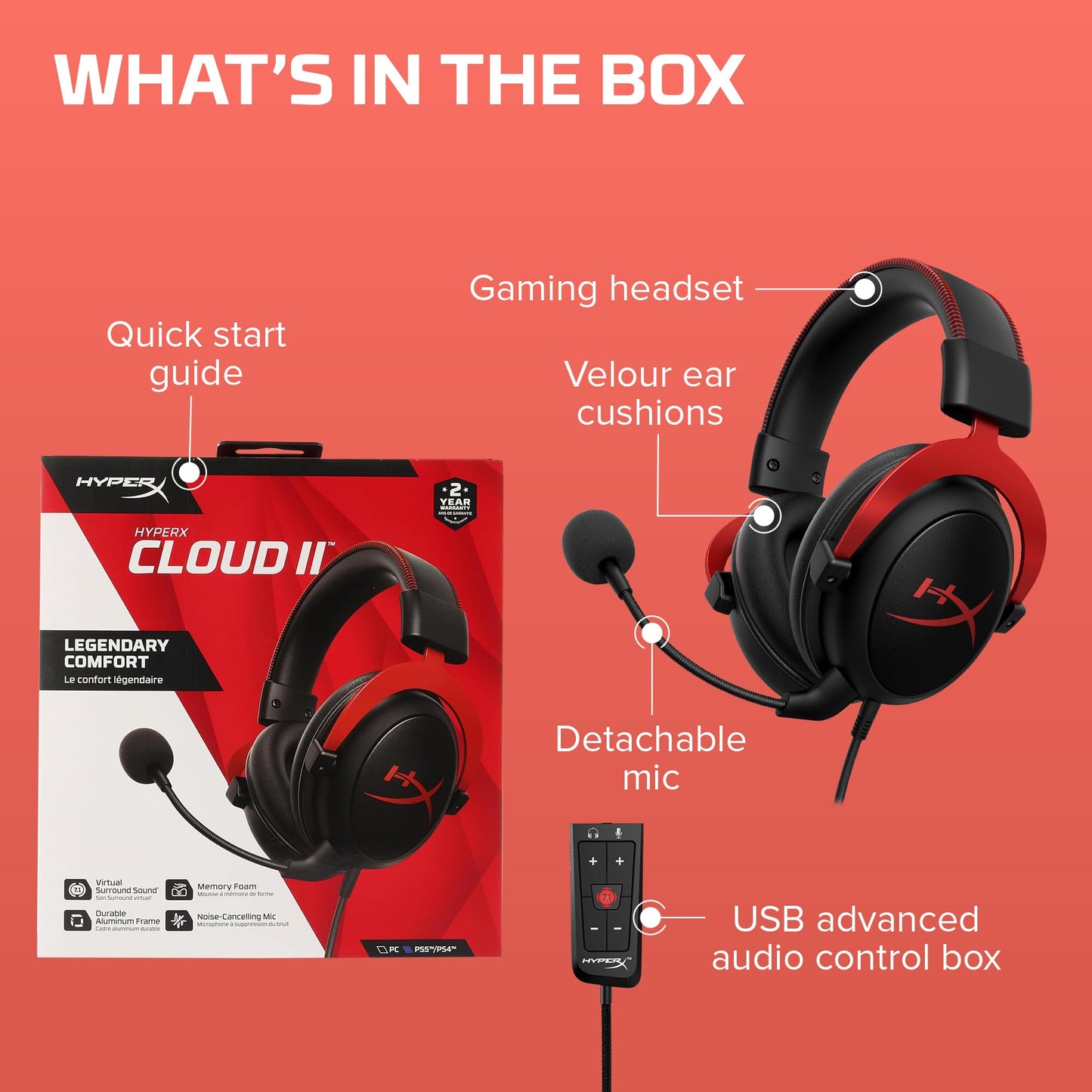 HyperX Cloud II - Gaming Headset, 7.1 Surround Sound, Memory Foam Ear Pads, Durable Aluminum Frame, Detachable Microphone, Works with PC, PS5, PS4, Xbox Series X|S, Xbox One – Red