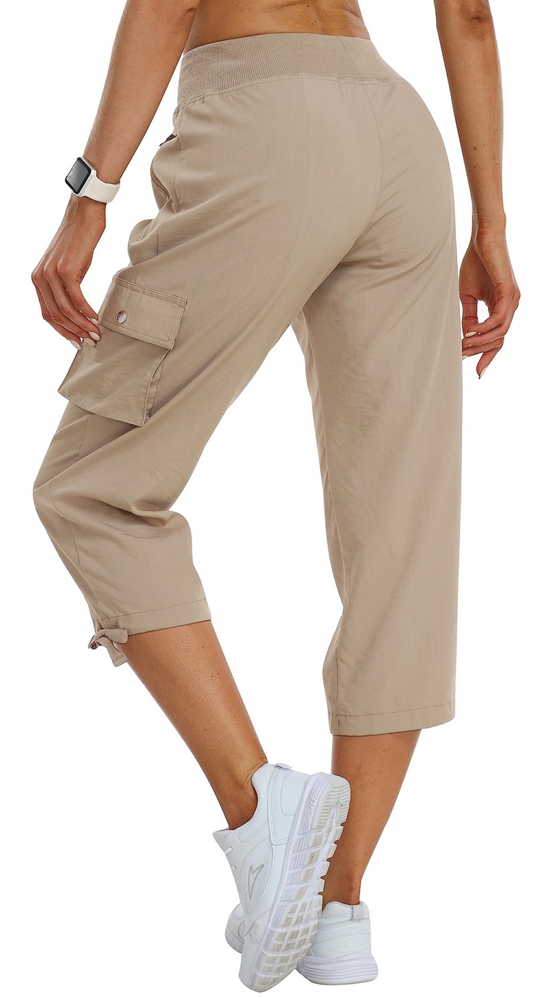 MoFiz Womens Capris with Pockets Loose Fit Casual Capri Pants Lightweight Ladies Cargo Pants for Hiking Khaki M