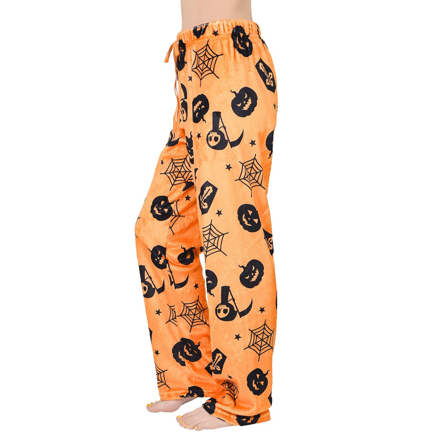 Halloween Pajama Pants Pumpkin Pj Pants Orange Flannel Pajama Bottoms for Women Skull Plush Lounge Sleep Pants Soft Comfy Sleepwear Orange Pumpkin L