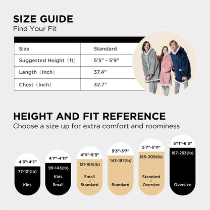Bedsure Blanket Hoodie, Wearable Blanket Hoodie as Gifts for Mom, Birthday Gifts for Women Kids Teens Sherpa Sweatshirt, Grey, Standard