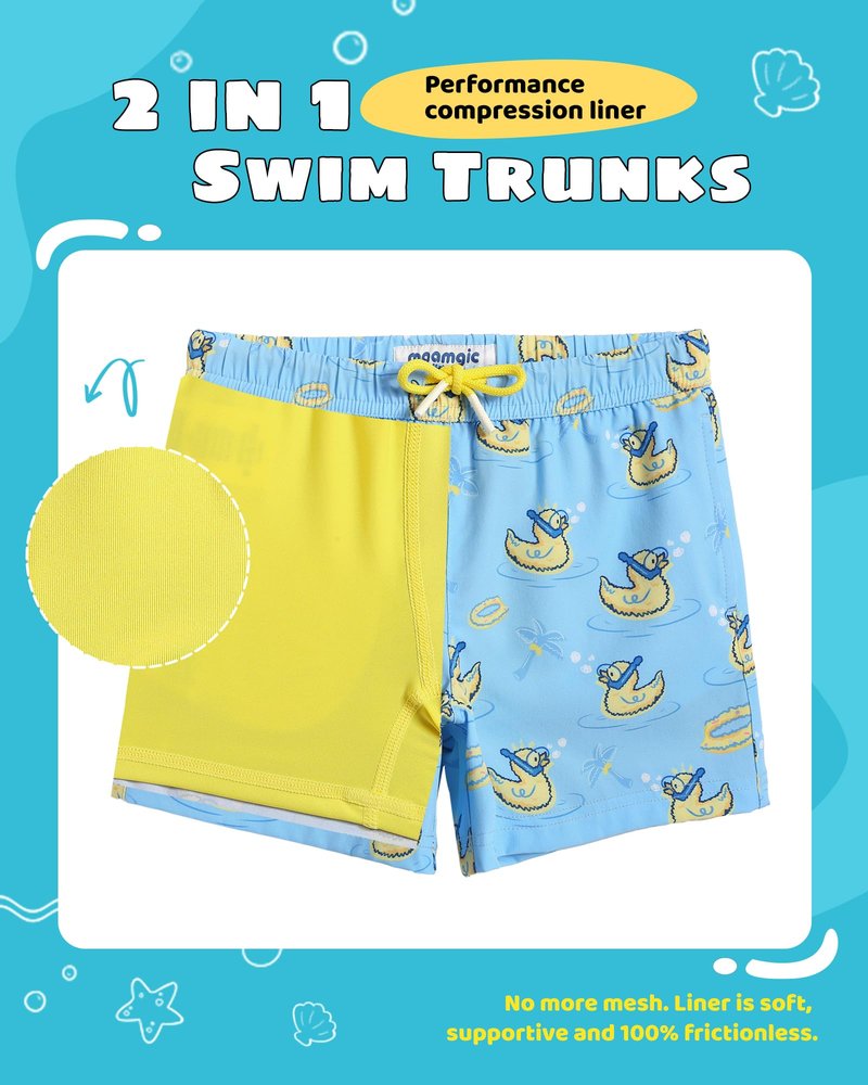 maamgic Boys Swim Trunks with Compression Liner Toddler Stretch Swim Shorts Quick Dry Swimming Trunks Boxer Brief 2 in 1 Beach Shorts Blue Rubber Ducky 5/6