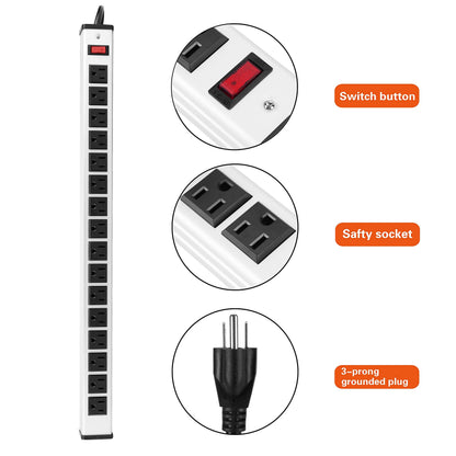 20 Outlet Heavy Duty Metal Socket Power Strip,15-Foot Long Extension Cord with Circuit Breaker. Mounting Brackets Included,Workshop/Industrial use,ETL Certified