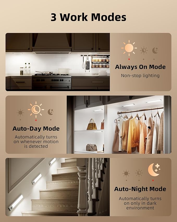 EZVALO 3 Pack Under Cabinet Lighting, 2400mAh Rechargeable Motion Sensor Light, 10inch Magnetic Closet Lights with Dimmable & 3 Color Temps, Wireless Motion Activated Lights with Remote for Kitchen