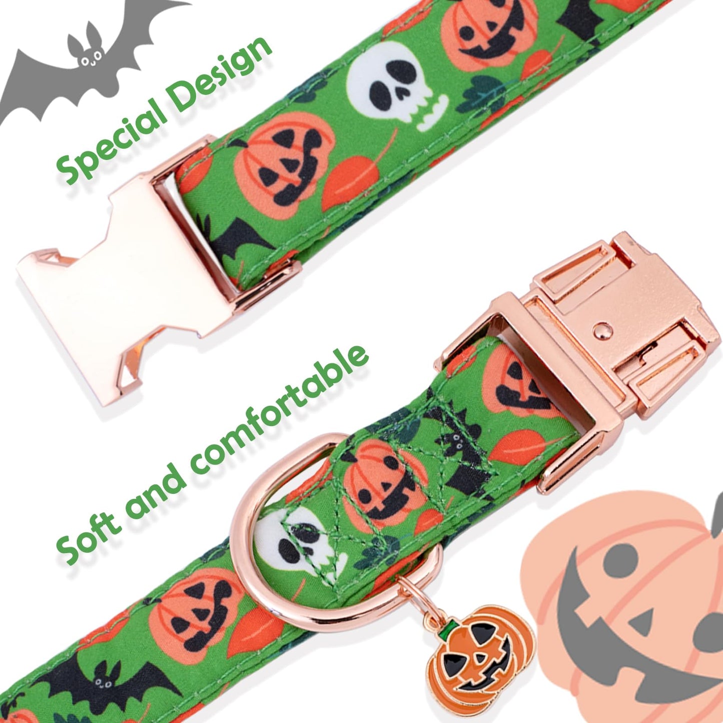 Faygarsle Bow Tie Halloween Fall Dog Collar for Small Medium Large Dogs Fashionable Cute Collar for Male Female Dogs Green Cotton Collar with Metal Buckle Skull Bat Pumpkin Pattern S
