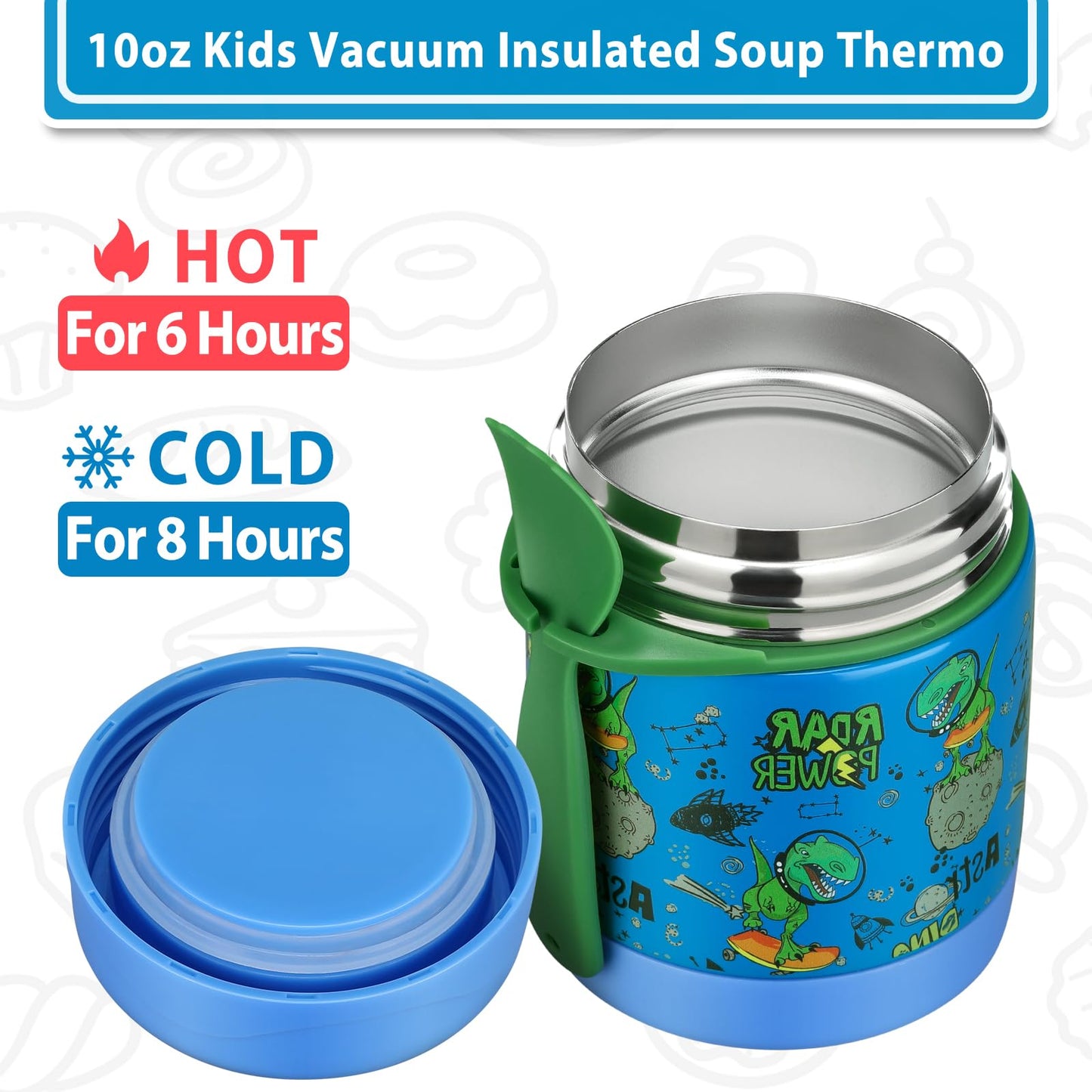 10oz Soup Thermo for Hot Food Kids,Lunch Thermo Kids Food Jar with Spoon Hot Insulated Food Containers,Leak Proof Stainless Steel Wide Mouth Lunch Food Thermo Jar for School(Blue-Dinosaur)