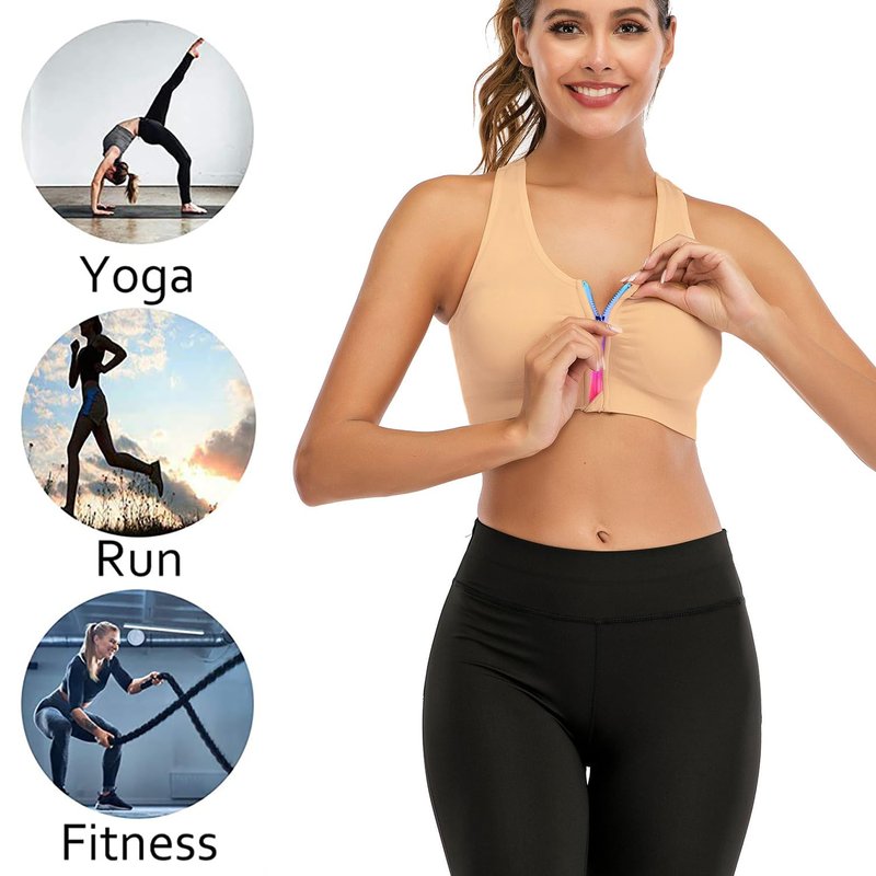 Womens Zip Front Sports Bra Wireless Post-Surgery Bra Racerback Yoga Sports Bras