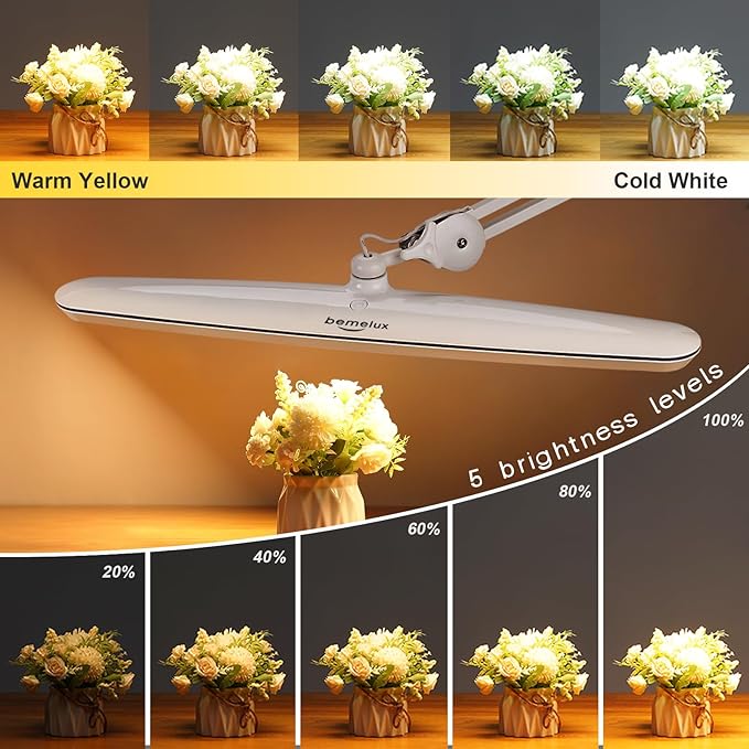 Task Lamp with Clamp, 23 Inch Lamp Head, Bright 182PCS LEDs,5 Color Temperatures, 5 Brightness Levels, Metal Swing Arm 24W 2200 Lumen Dimmable Led Desk Lamp (White, CCT)