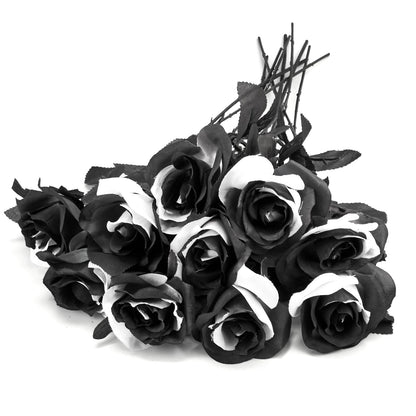 TUZAZO 10pcs Black and White Roses Artificial Flowers with Stems, Faux Silk Flowers Bridal Gothic Wedding Bouquet, Realistic Blossom Flora for Home, Office, Hotel Decorations