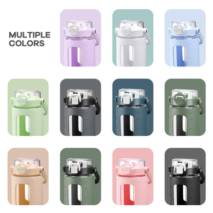 BLUEGO 40 oz Glass Water Bottles with Straw Time Marker, Glass Tumbler with Handle Top Lids, Easy to Clean, Fits in Car Cup Holder, Leakproof Jug for Gym, Sports, Workout & Daily, Dark Blue