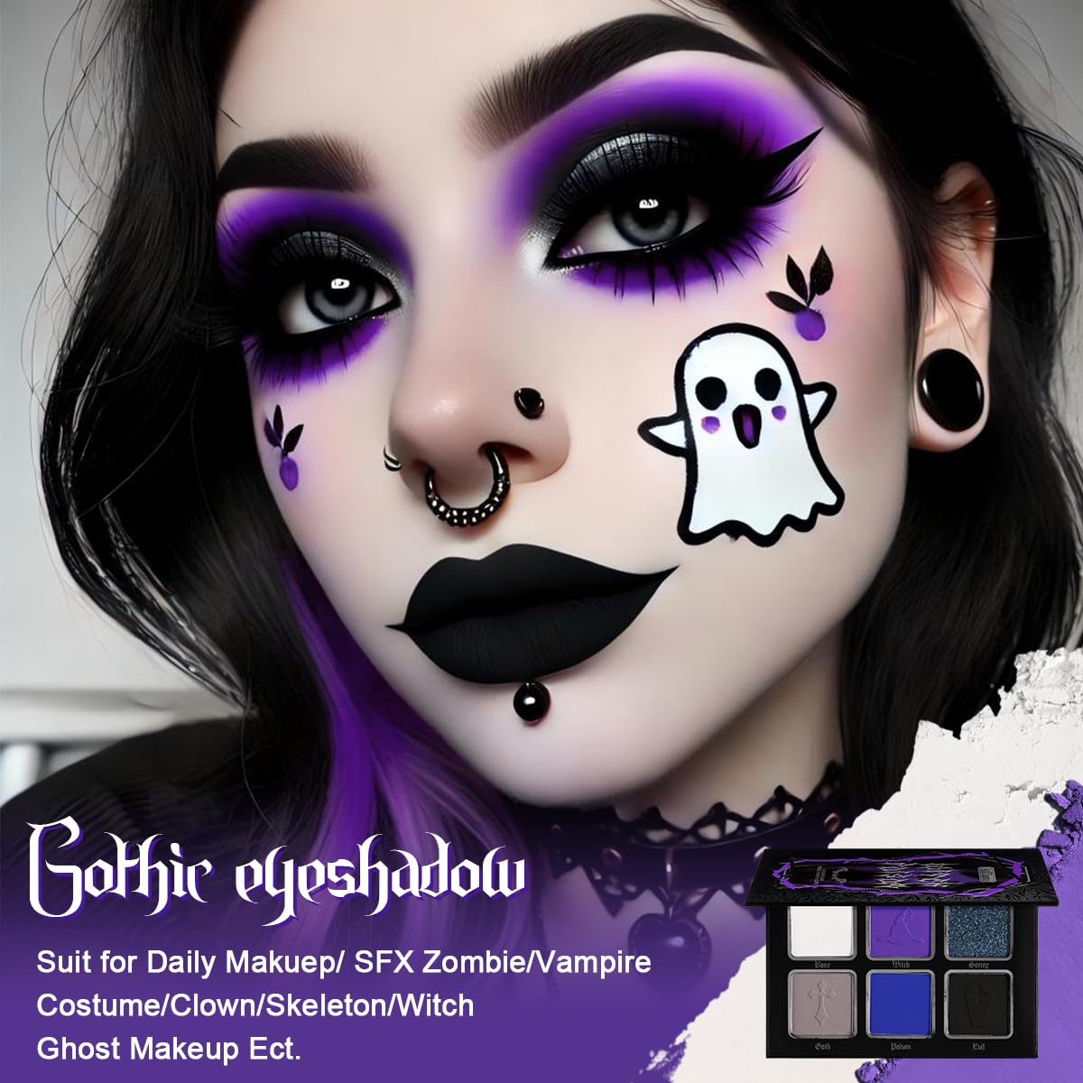 Afflano Goth Eyeshadow Palette Purple Blue, Multichrome Chrome Blue Purple Matte Black White Grey Dark Eye Shade, Gothic Halloween Makeup Eye Shadow Pallet for Joker Clown Cosplay SFX Makeup Costume