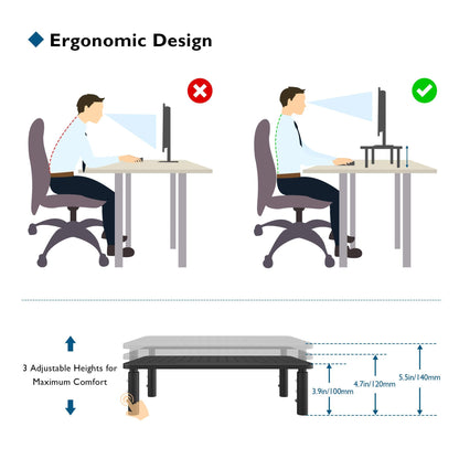 BONTEC Adjustable Monitor Riser for Desk, Ergonomic Metal Stand with 3 Height Levels (100/120/140mm), Mesh Surface for Airflow, Up to 20KG, Computer Stand, Cable Ties Included