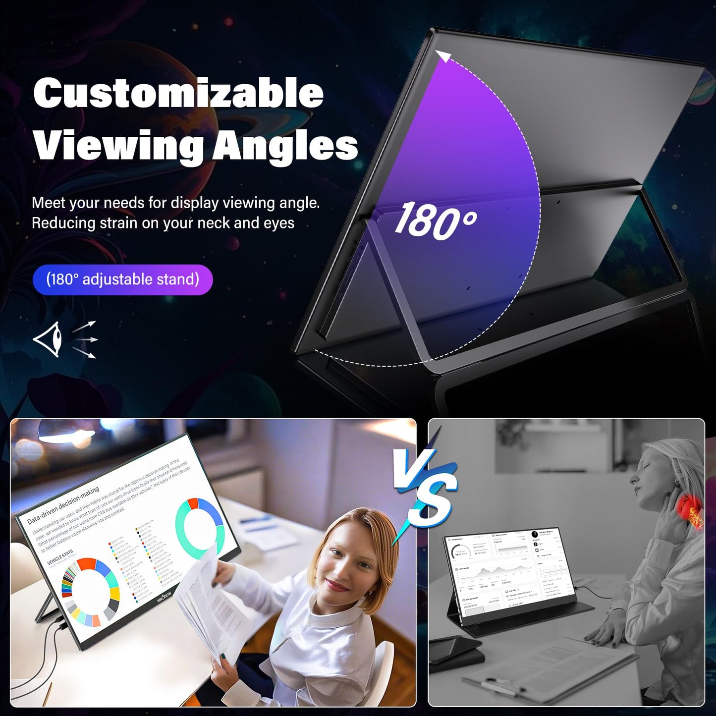 InnoView 23.8" Large Portable Monitor, FHD 144HZ 100% SRGB IPS USB-C HDMI Work Home Gaming Second Monitor 1080P W/180°Adjustable Stand for Laptop, MacBook, Phones