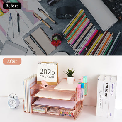 gianotter Desk Organizers and Accessories with File Holder, 4-Tier Desk Accessories & Workspace Organizers with Drawer and 2 Pen Holder, Paper Organizer for Office Supplies (Rose Gold)