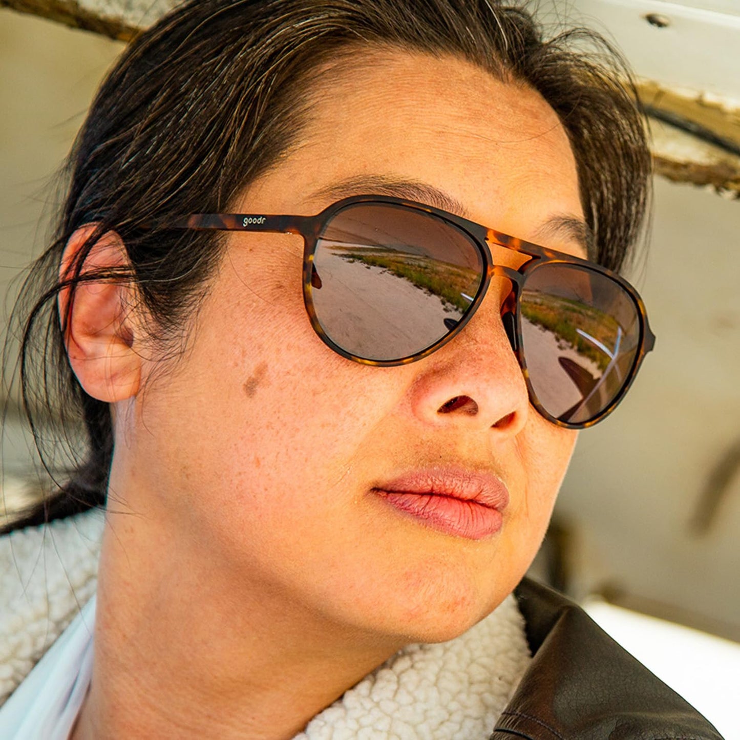 goodr Amelia Earhart Ghosted Me Polarized Aviator Sunglasses for Men & Women, Large Sized (Mach G), Brown Translucent Frames with Brown Non-Reflective Lenses, UV400 Protection, No Slip, No Bounce