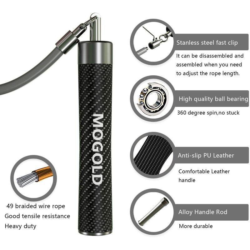 MOGOLD 1LB Weighted Jump Ropes for Fitness Men/Women with Heavy-Duty PVC Wire Cable & Durable Leather Skipping Rope Handles, Best for Fitness, High-Intensity Strength Workouts (Grey, XL - 9'6(User Height 6'0 +))