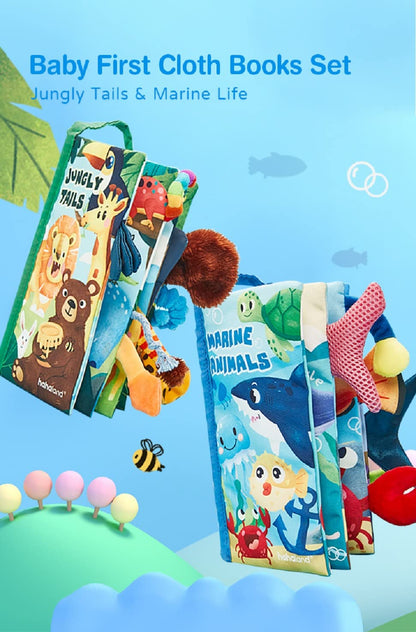 hahaland Baby Toys 0-6 Months - Crinkle Books for Babies 2PCS, Cloth Texture Tails Sensory Book 6-12 Months - Soft, Tummy Time, Montessori Toys 3 4 5 Month Newborn Twin Boys Gifts Travel Infant Toy