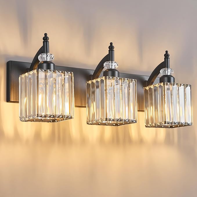 Crystal Vanity Lights Black 3 Light Bathroom Light Fixtures Over Mirror Modern Vanity Light for Bathroom