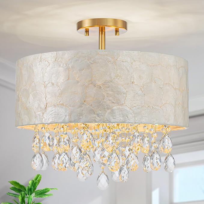 4-Lights Drum Capiz Shell Crystal Chandeliers, Coastal Design Semi-Flushmount Ceiling Light Fixture for Dining Room, Bedroom, D16xH16 inch, Shell Lampshade & Gold Finish